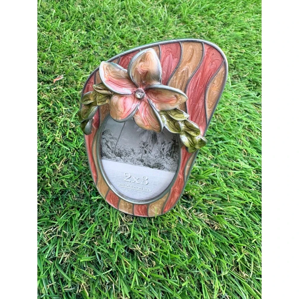 Aaron‎ Brothers Tropical Floral Enamel 2x3 Mini Picture Frame Pink Coral Gold